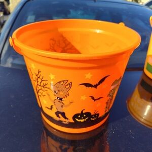 Halloween Orange Bucket with Black Cat and Bat Design